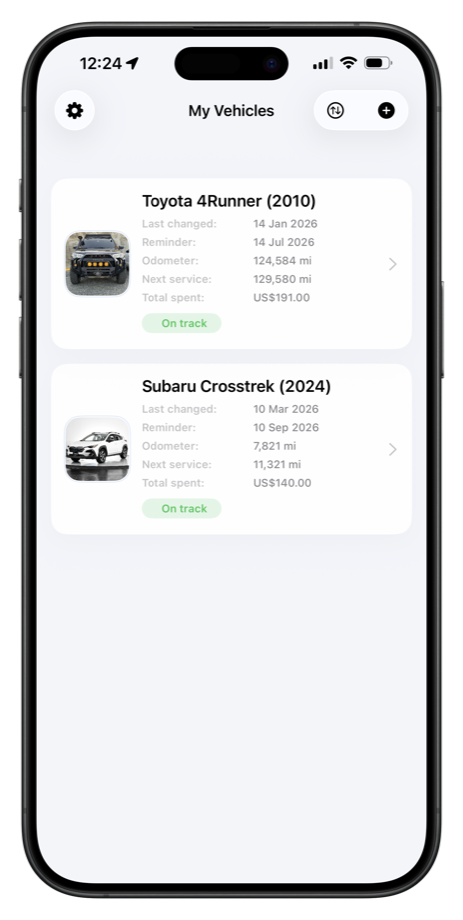CarMGT garage screen showing tracked vehicles and upcoming service information
